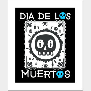 Dia De Los Muertos - White and Blue - Papel Picado - Black Skull Posters and Art